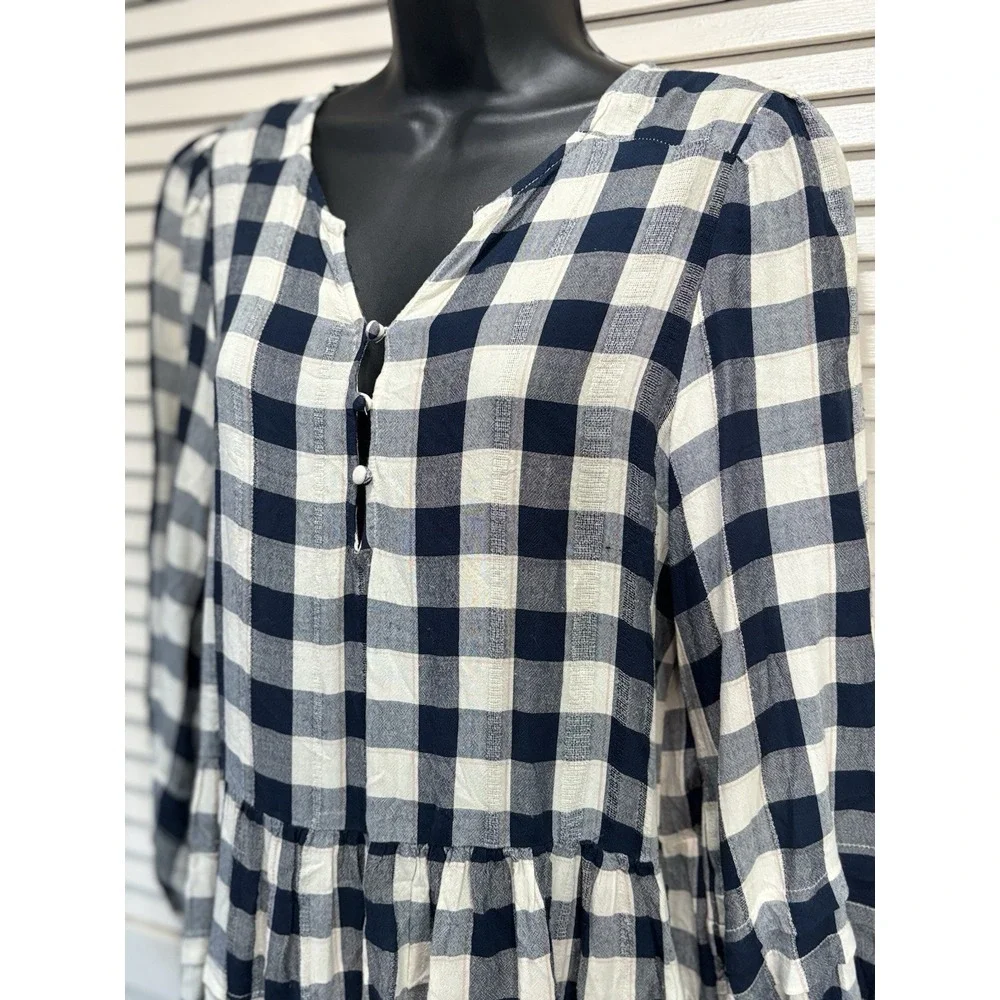 American Eagle Blue/White Plaid Buttons Tiered Long Sleeve Size‎ S Flowy Ruffles